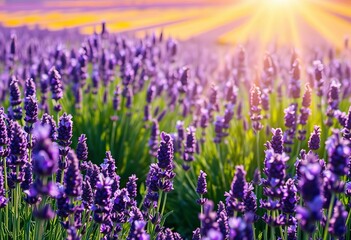 Fototapeta premium Sun-drenched lavender field, vibrant purple blooms, intoxicating fragrance, rural, purple flowers