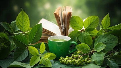 A green tea cup and open book surrounded by leaves and small berries