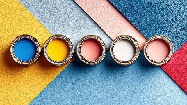 Creative geometric color bank: hi-res flat-lay of four paint cans in bold blue, yellow, pink, white—perfect for large poster, expo print or wall ad