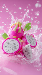 Dragon Fruit Splash: A vibrant composition of fresh dragon fruit bursts in a cascade of water droplets against a pastel pink backdrop, capturing its tropical essence and refreshing appeal.
