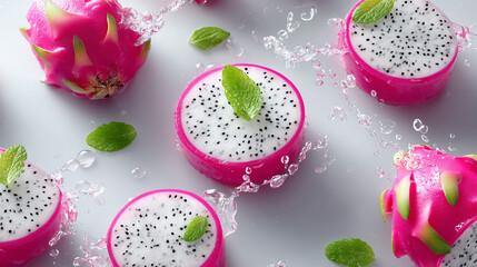 Exotic Dragon Fruit Splash: Slices of vibrant dragon fruit bursts of refreshing energy, accentuated by crisp mint leaves and a delicate spray of water droplets, inviting a sensory delight.