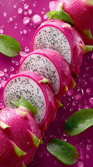 Dragon Fruit Delight: Vibrant slices of dragon fruit, displaying their unique texture and color. A refreshing and exotic food with vibrant color