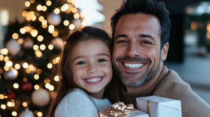 A happy couple embraces each other in front of a beautifully lit Christmas tree, sharing a moment of love and connection during the magical holiday season.