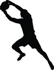Mid-air goalkeeper catch silhouette—black vector of soccer player diving with ball held overhead