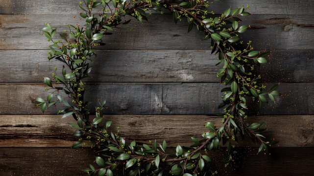 A wreath of green leaves is placed on a wooden surface
