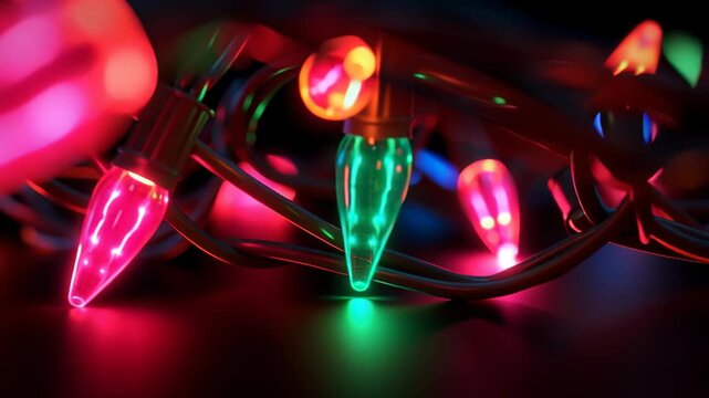 A bunch of Christmas lights are lit up in a variety of colors, black background