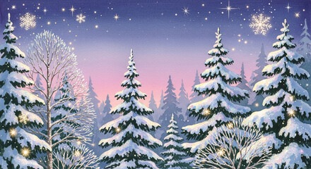 Watercolor painting of a winter forest with snow-covered trees under a starlit sky, representing a serene, festive atmosphere, perfect for holiday concepts
