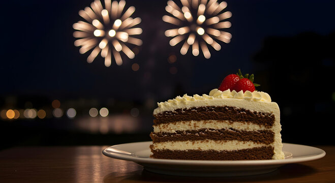 Fireworks exploding in the distant background of a close-up of a decadent cake slice