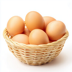 Basket of Fresh Eggs: A rustic woven basket overflows with a collection of fresh, brown eggs, symbolizing the bounty of nature and the simple pleasures of culinary delight. 
