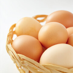 Basket of Eggs: A close-up shot of a rustic basket brimming with fresh, organic eggs in varying shades of brown, symbolizing natural nourishment and culinary potential. 