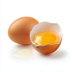 Eggs in natural form: An artistic shot of a full egg beside a broken egg shell showcasing the yellow yolk. Capturing the fresh and organic essence of this versatile breakfast ingredient.