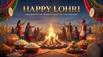 Happy lohri festival celebration with bonfire and traditional food