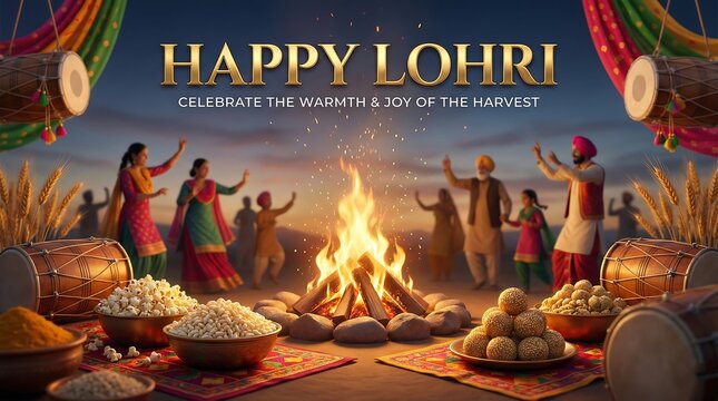 Happy lohri festival celebration with bonfire and traditional food - Powered by Adobe