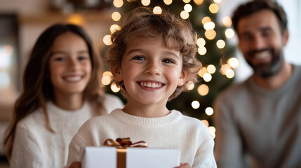 A charming child holding a gift box smiles brightly at the camera, encapsulating the joy of Christmas surrounded by family members in a warm, inviting atmosphere filled with love.