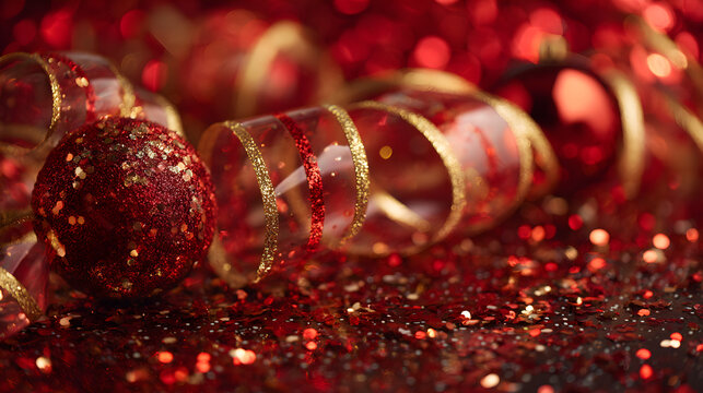 Vibrant red holiday wallpaper with swirling ribbons, glossy ornaments, sparkling confetti, clear middle - Powered by Adobe