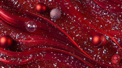 Vibrant red holiday wallpaper with swirling ribbons, glossy ornaments, sparkling confetti, clear middle