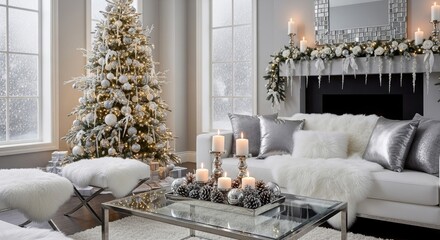 Luxurious White and Silver Christmas Living Room Decor with Snowy Winter Window