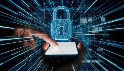 Human Fingers Touching Smartphone Screen with Glowing Blue Digital Padlock Icon on Futuristic Cyber Security Background