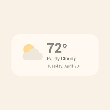 Neutral tone weather widget design featuring temperature, partly cloudy icon and date displayed on a soft minimal card layout created for modern mobile apps and clean interface projects.