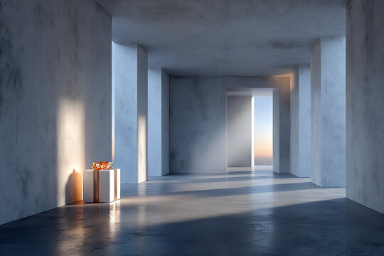 Modern minimalist interior with soft light and sleek surfaces in an empty space at sunset