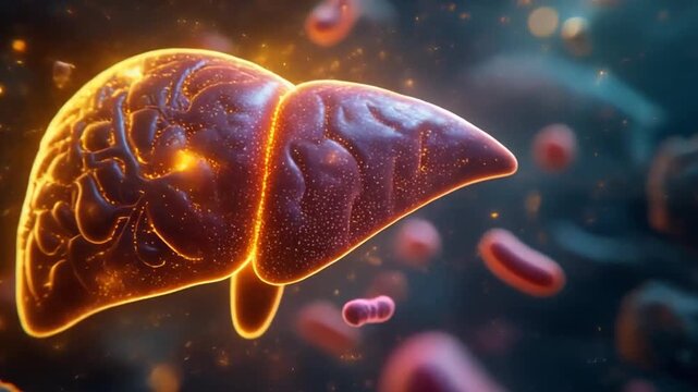 Glowing Human Liver Cell Detoxification Process Microscopic Cinematic View Blood Cells Circulation Science Medical Concept