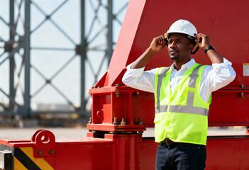 Black industrial worker adjusting his hard hat at a construction site. Professional engineer or foreman in a safety vest next to heavy machinery