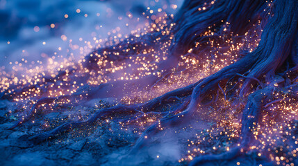 A tree with glowing blue leaves and branches. The leaves are lit up with a blue glow. The image has a dreamy, ethereal quality to it