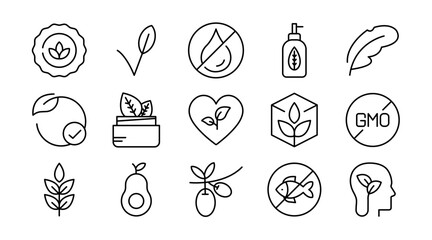 Naklejka premium Organic Vegan Line Icon Set. Organic food, natural farming, vegan, bio product, sustainable, allergen free, cosmetic, healthy lifestyle, agriculture icons vector illustration. Pixel-perfect stroke