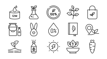 Organic Vegan Line Icon Set. Organic food, natural farming, vegan, bio product, sustainable, allergen free, cosmetic, healthy lifestyle, agriculture icons vector illustration. Pixel-perfect stroke
