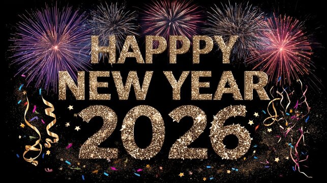 A vibrant New Year celebration featuring the phrase happy new year 2026 in large glittering gold and silver letters with star accents, set against a dark night sky. perfect for New Year greeting card - Powered by Adobe