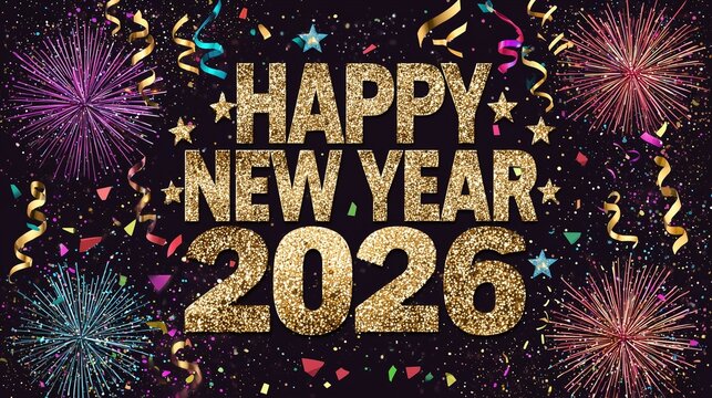 A vibrant New Year celebration featuring the phrase happy new year 2026 in large glittering gold and silver letters with star accents, set against a dark night sky. perfect for New Year greeting card