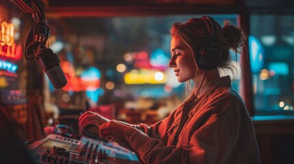 Young radio host with headphones adjusting sound mixer