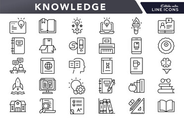 Knowledge line icon set. Education, learning, books, study, school, AI, cognition, brain, library, teaching, idea, training, knowledge sharing, academic icons vector illustration. Pixel-perfect stroke
