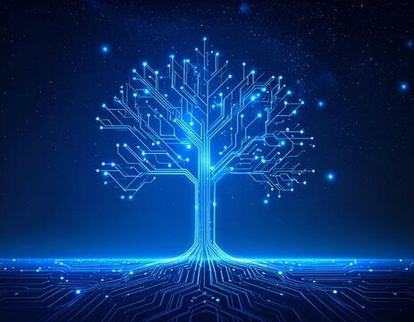 A glowing circuit tree against a starry blue background, digital concept of technology
