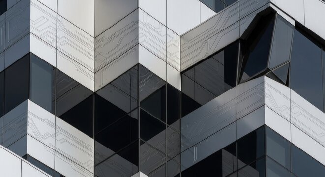 A modern, geometric building with a futuristic design, featuring a pattern of black and white geometric shapes and a glass facade.