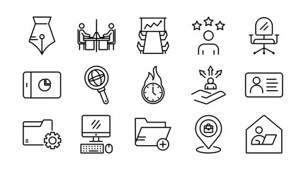 Fototapeta premium Office and Business Line Icon Set. Workplace, meeting, team, office desk, work, communication, document, presentation, finance, management, productivity icons vector illustration. Pixel-perfect stroke