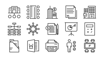 Office and Business Line Icon Set. Workplace, meeting, team, office desk, work, communication, document, presentation, finance, management, productivity icons vector illustration. Pixel-perfect stroke