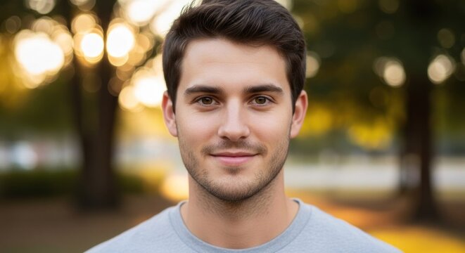 A young man with dark hair, wearing a gray t-shirt, standing outdoors in a park with trees and a blurred background.
