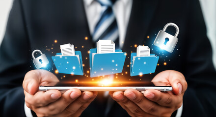 A businessman holds a smartphone with glowing digital folders and security padlocks, symbolizing secure data management, cloud computing, and digital information protection
