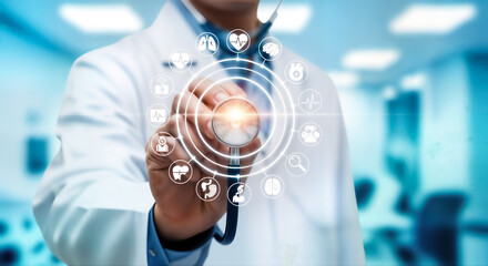 Doctor holding a stethoscope with medical icons radiating, representing innovative healthcare technology, digital health solutions, and the future of medical care and diagnosis