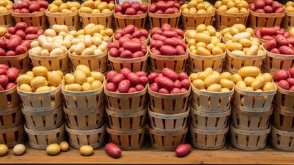 Potato Palette Rows of Red with Yellow, and and White Potatoes in Woven Baskets.