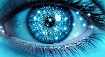 Human eye with glowing blue digital network, symbolizing artificial intelligence, biometric technology, data analysis, future vision, and global connectivity