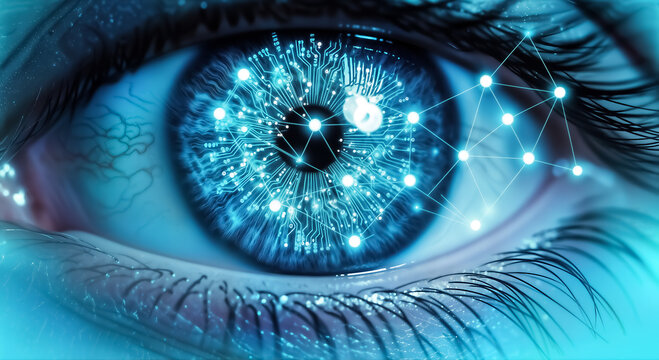 Human eye with glowing blue digital network, symbolizing artificial intelligence, biometric technology, data analysis, future vision, and global connectivity