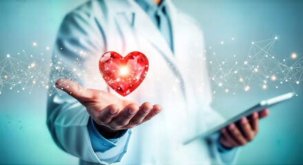 A medical professional in a white lab coat holds a glowing red heart, representing cardiovascular health, digital medicine, and innovative healthcare solutions