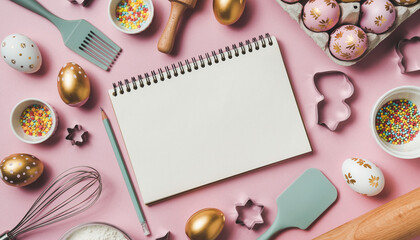 Festive Easter baking flat lay with golden decorated eggs, cooking utensils, sprinkles, and a blank recipe notebook mockup on a pink background