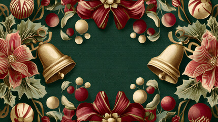 Vintage red-and-green layout with retro bells, ribbons and baubles around timeless open center