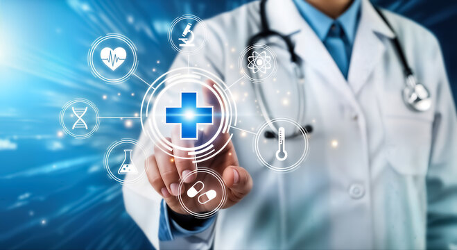 A doctor in a white lab coat interacts with a futuristic digital interface, touching a glowing blue medical cross icon, symbolizing innovation in healthcare technology and modern patient care - Powered by Adobe