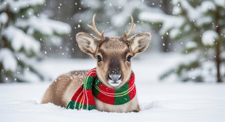 Adorable Reindeer in Christmas Scarf on a Snowy Winter Day
