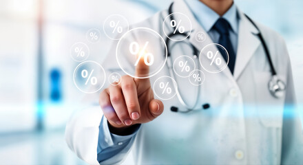 A medical professional in a white coat interacts with a digital interface displaying percentage symbols, representing healthcare costs, financial planning, and statistical analysis