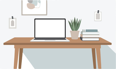 Fototapeta premium A modern wooden desk with a laptop, books, and a potted plant in a minimalist home office setting with a clean and organized look.